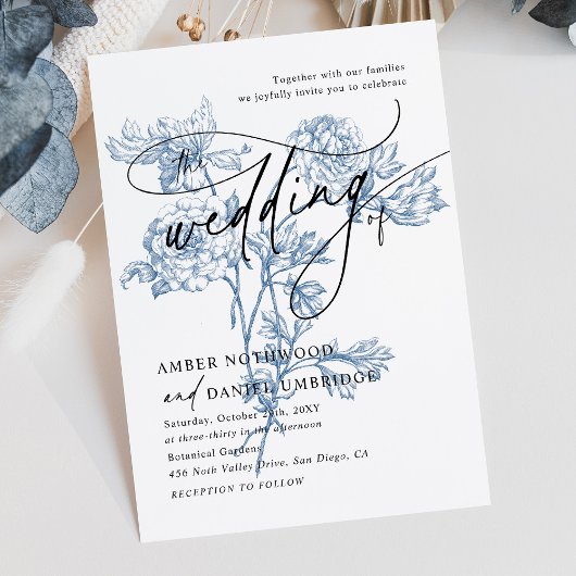 Modern Script Foto Blauwe Bloemen bruiloft Kaart