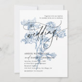 Modern Script Foto Blauwe Bloemen bruiloft Kaart (Voorkant)