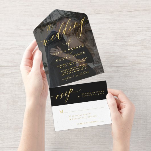 Modern script foto bruiloft all in one uitnodiging (Uittrekbaar)