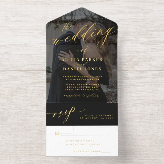 Modern script foto bruiloft all in one uitnodiging (Binnenkant)