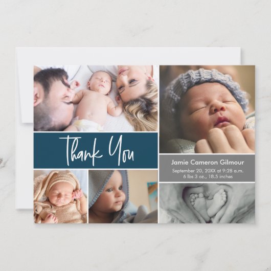 Modern script Foto Collage dark blue baby shower Bedankkaart (Voorkant)