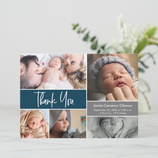 Modern script Foto Collage dark blue baby shower Bedankkaart (Staand voorkant)