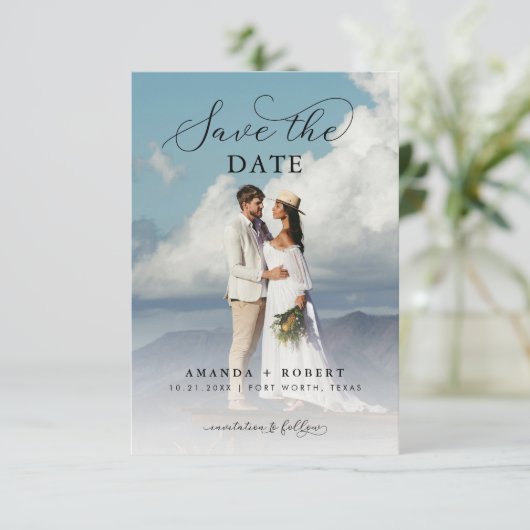 Modern script & foto Eenvoudige bruiloft Save The Date (Staand voorkant)