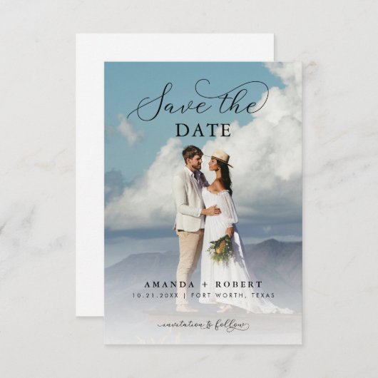 Modern script & foto Eenvoudige bruiloft Save The Date (Voorkant / Achterkant)