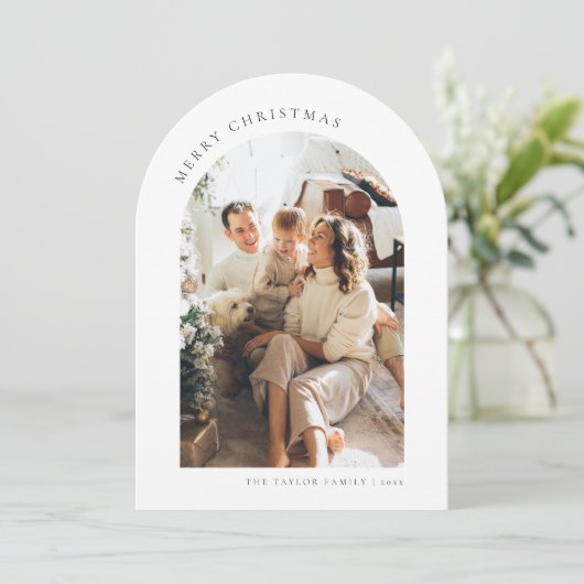 Modern Script Foto Familie Kerst Kaart (Staand voorkant)