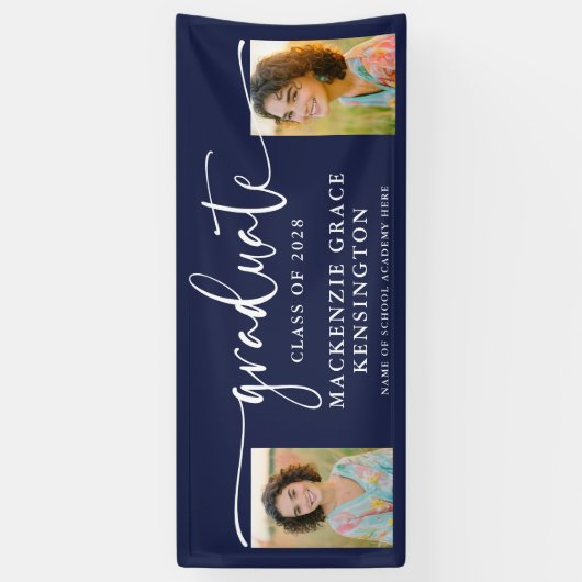 Modern Script Foto Navy Blue Afstuderen Spandoek (Verticaal)