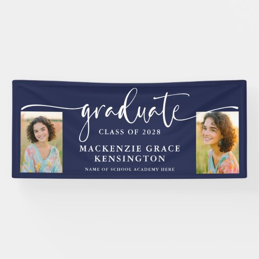 Modern Script Foto Navy Blue Afstuderen Spandoek (Horizontaal)