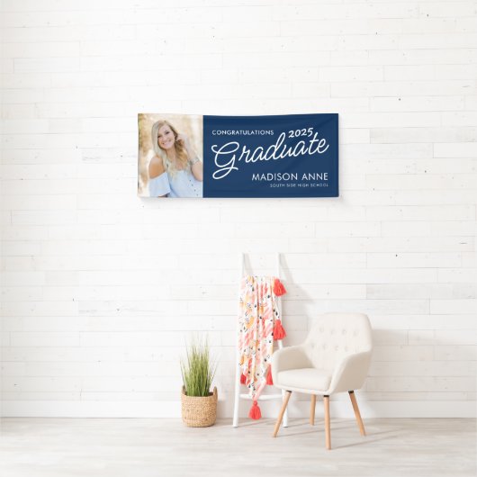 Modern Script Foto Navy Blue Afstuderen Spandoek (Insitu)