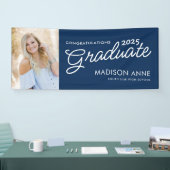 Modern Script Foto Navy Blue Afstuderen Spandoek (Beurs)