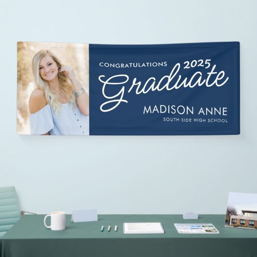 Modern Script Foto Navy Blue Afstuderen Spandoek (Beurs)