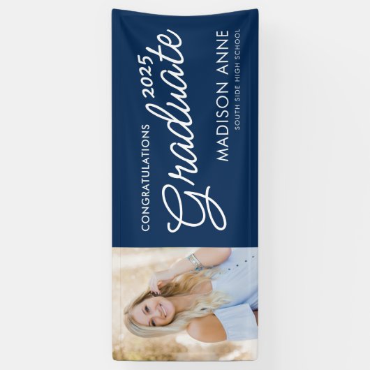 Modern Script Foto Navy Blue Afstuderen Spandoek (Verticaal)