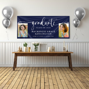 Modern Script Foto Navy Blue Afstuderen Spandoek