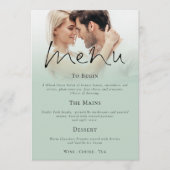 Modern Script Foto Sage Groen Bruiloft Menu Kaart (Voorkant)