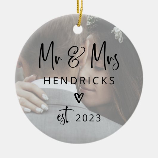 Modern script | Foto van de heren en mevrouw Weddi Keramisch Ornament (Voorkant)