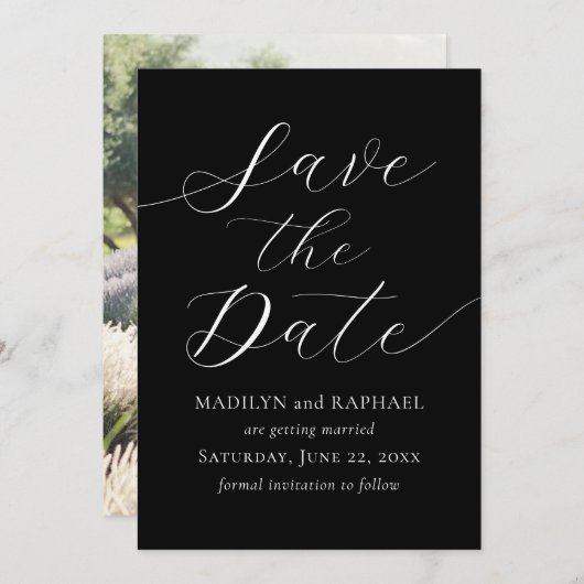Modern Script Foto Zwart Wit Save The Date Kaart (Voorkant / Achterkant)