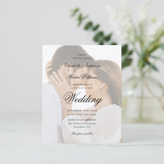 Modern script foto's budget bruiloft uitnodiging (Staand voorkant)