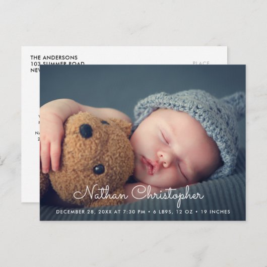 Modern script geboortekaartje briefkaart (Voorkant / Achterkant)