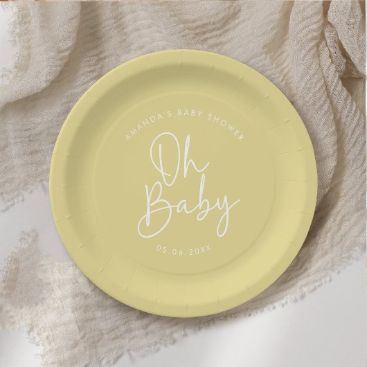 Modern Script Geel Oh Baby Eenvoudig Baby shower Papieren Bordje