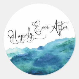 Modern script Gelukkig Ever After Blue Green Aqua Ronde Sticker