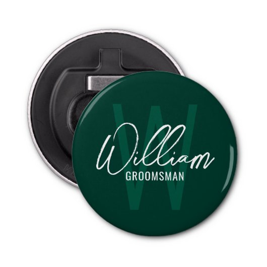 Modern Script Gepersonaliseerde Groomsmen Monogram Button Flesopener (Voorkant)