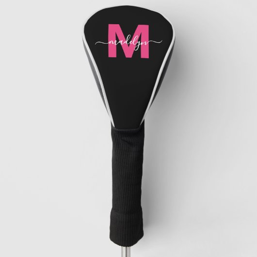 Modern Script Girly Pink Monogram Naam Golfheadcover (Voorkant)