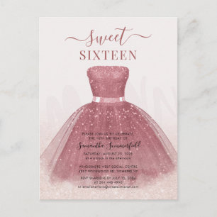 Modern Script Glitter Sweet 16 Birthday Roos Gold Uitnodiging Briefkaart