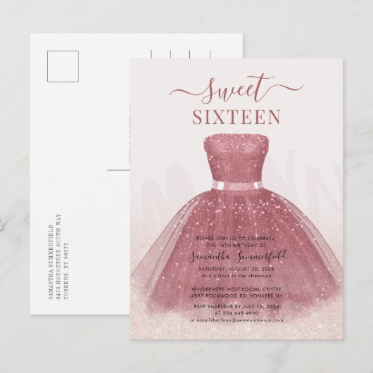 Modern Script Glitter Sweet 16 Birthday Roos Gold Uitnodiging Briefkaart (Voorkant / Achterkant)