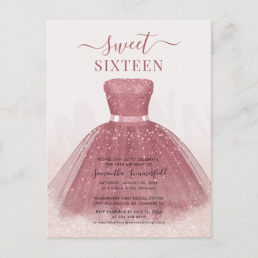 Modern Script Glitter Sweet 16 Birthday Roos Gold Uitnodiging Briefkaart (Voorkant)