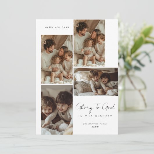 Modern script glorie aan God Kerst religieus Feestdagenkaart (Staand voorkant)