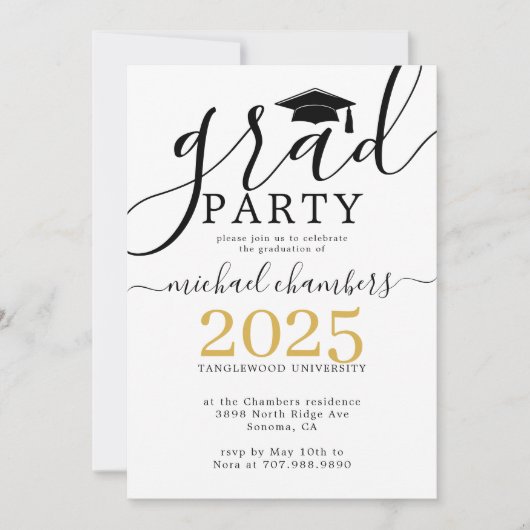 Modern Script Gold Black Graduation Party Invitati Kaart (Voorkant)
