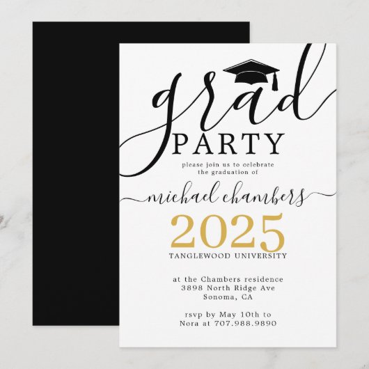 Modern Script Gold Black Graduation Party Invitati Kaart (Voorkant / Achterkant)