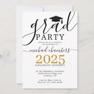 Modern Script Gold Black Graduation Party Kaart