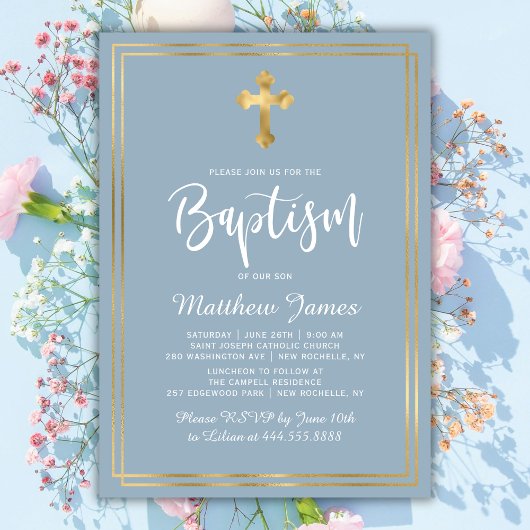 Modern Script Gold Cross Dusty Blue Boy Doop Kaart