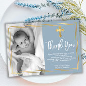 Modern Script Gold Cross Dusty Blue Daptism Bedankkaart