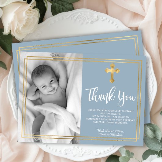 Modern Script Gold Cross Dusty Blue Daptism Bedankkaart