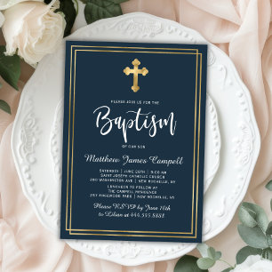 Modern Script Gold Cross Navy Blue Boy Doop Kaart