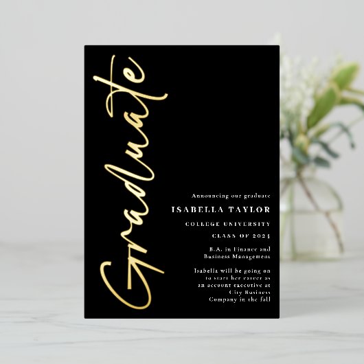 Modern Script Gold Foil Afstuderen Aankondiging (Staand Voorkant)