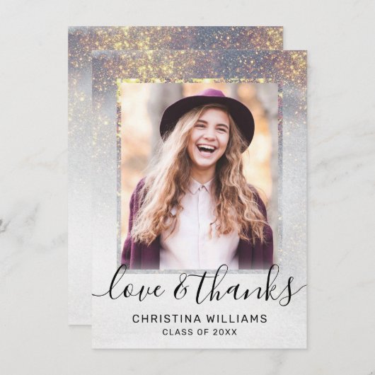 Modern Script Gold Glitter 2 Photo Afstuderen dan Bedankkaart (Voorkant / Achterkant)