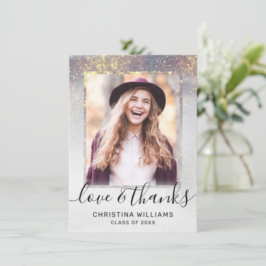 Modern Script Gold Glitter 2 Photo Afstuderen dan Bedankkaart (Staand voorkant)