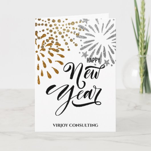 Modern Script Gold Glitter Fireworks Corporate Feestdagen Kaart (Voorkant)