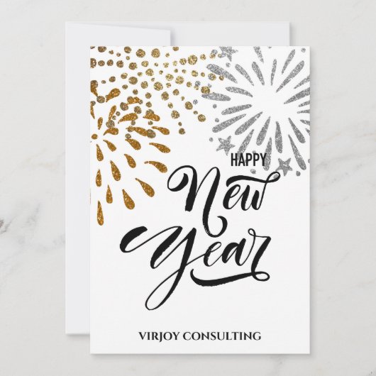Modern Script Gold Glitter Fireworks Corporate Feestdagenkaart (Voorkant)