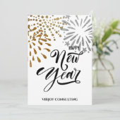 Modern Script Gold Glitter Fireworks Corporate Feestdagenkaart (Staand voorkant)