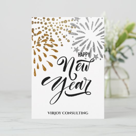 Modern Script Gold Glitter Fireworks Corporate Feestdagenkaart (Staand voorkant)