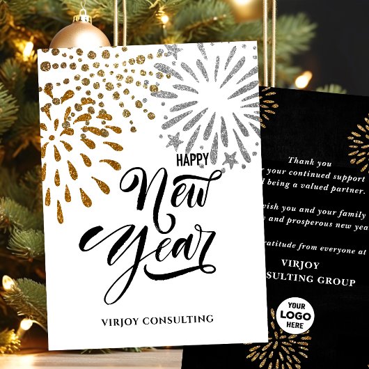 Modern Script Gold Glitter Fireworks Corporate Feestdagenkaart