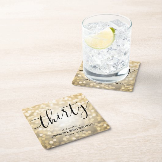 Modern Script Gold Glitter Lights 30e verjaardag Kartonnen Onderzetters (Insitu)
