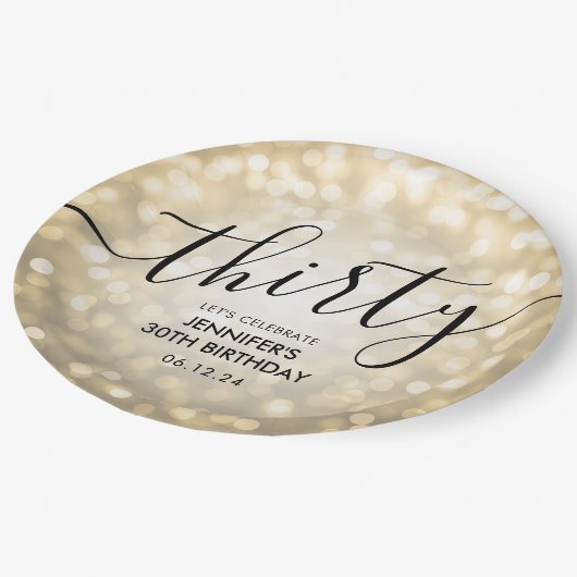 Modern Script Gold Glitter Lights 30e verjaardag Papieren Bordje (Gekanteld)