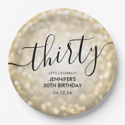 Modern Script Gold Glitter Lights 30e verjaardag Papieren Bordje (Voorkant)