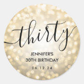 Modern Script Gold Glitter Lights 30e verjaardag Ronde Sticker (Voorkant)