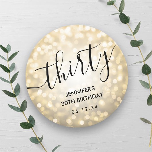 Modern Script Gold Glitter Lights 30e verjaardag Ronde Sticker