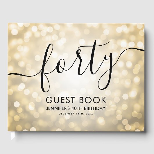 Modern Script Gold Glitter Lights 40e Verjaardag Gastenboek (Voorkant)